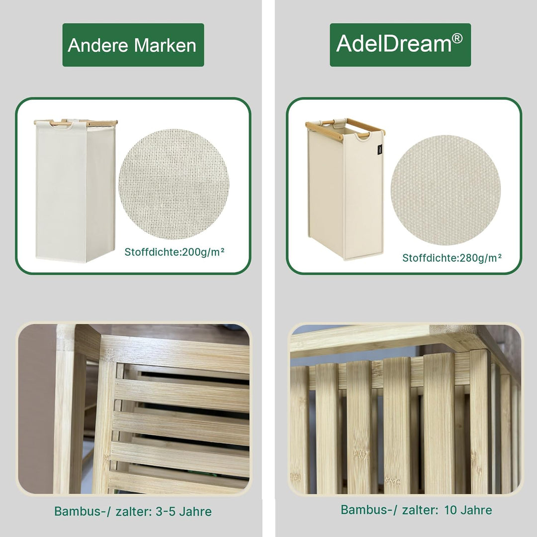 AdelDream Wäschekorb 150L, 3 Fächer Wäschesammler, 2 Ablagen, Bambus | Wäschesortierer 3 x 50L, ausz