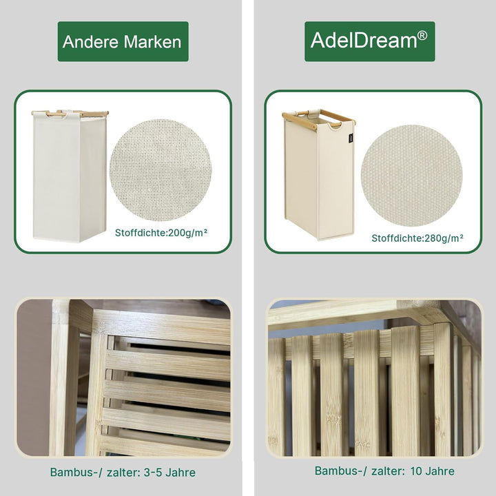 AdelDream Wäschekorb 150L, 3 Fächer Wäschesammler, 2 Ablagen, Bambus | Wäschesortierer 3 x 50L, ausz