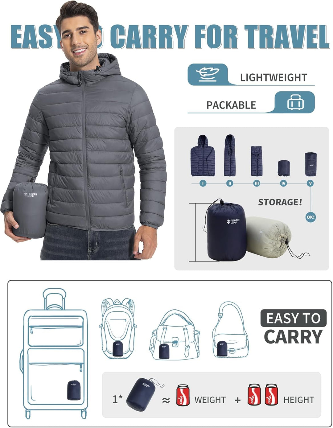 Herren Steppjacke Leichte Daunenjacken Winterjacke Übergangsjacke Outdoorjacke mit Kapuze und 6 Tasc