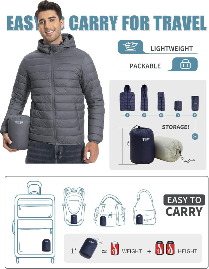 Herren Steppjacke Leichte Daunenjacken Winterjacke Übergangsjacke Outdoorjacke mit Kapuze und 6 Tasc