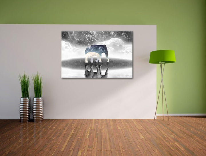 Einsamer Elefant schwarz/weiss Format: 100x70 auf Leinwand, XXL riesige Bilder fertig gerahmt mit Ke