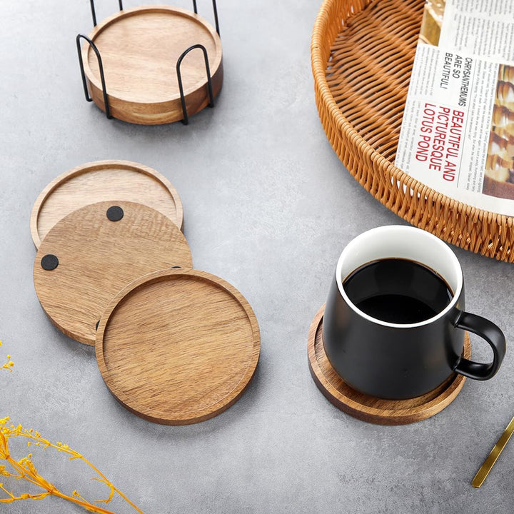 Untersetzer Gläser Holz 6er Set, Glasuntersetzer Holz mit Halter, Akazienholz Untersetzer Rund für G