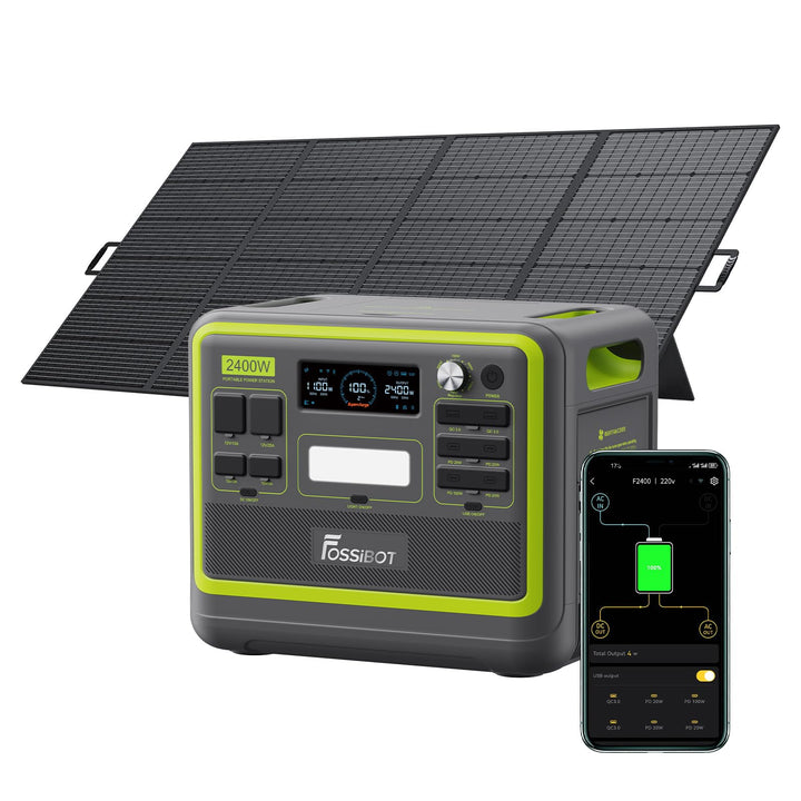 FOSSiBOT F2400 Tragbare Powerstation 2048Wh LiFePO4 mit mit 420W Solarpanel, 3X AC Ausgängen 2400W (