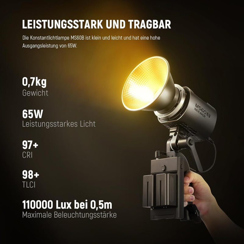 NEEWER MS60B LED Videoleuchte Studiolicht mit 2,4G/APP Steuerung 65W Ganzmetall Mini Kompakt COB Bi-