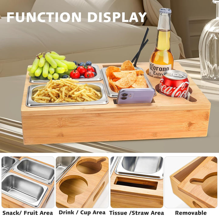 Couchbar Snackbox, Snackspender mit 3X Snackschalen, Abnehmbarer Deckel, Sofatablett aus Holz, Couch