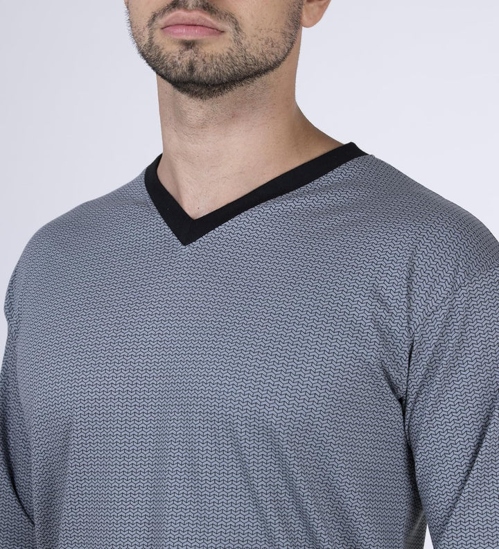 Moonline - Herren Schlafanzug lang aus 100% Baumwolle mit V-Ausschnitt und Streifen-Design M Grau, M