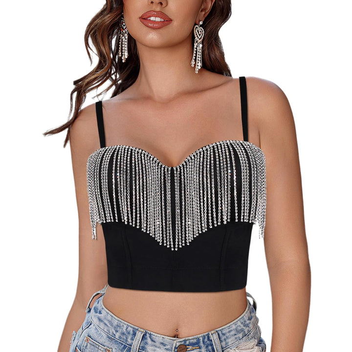 Naimo Damen Sexy Strass Quaste Bustier Push Up Crop Top Korsett BH Glitzer Diamant Tank Top Weste Pa