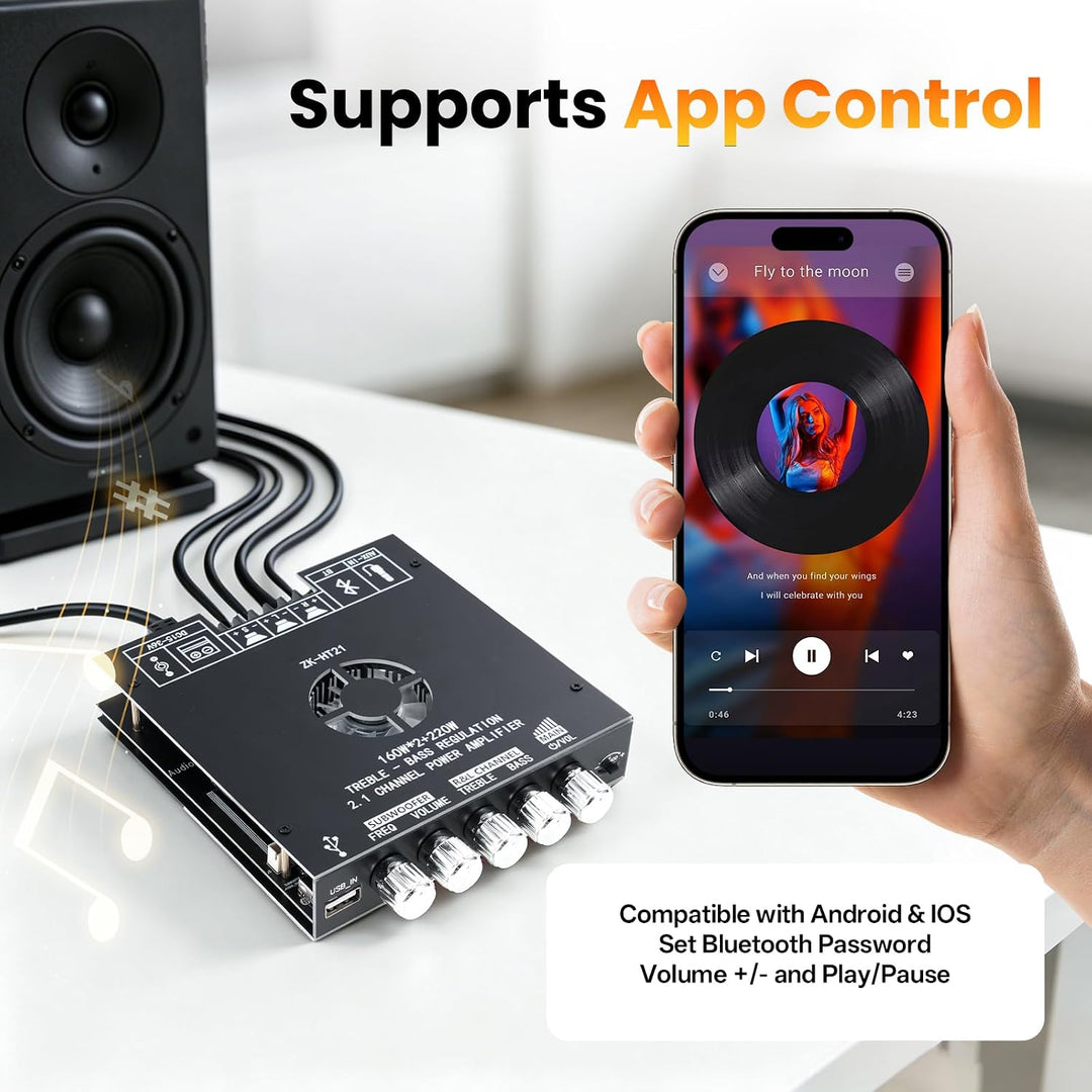 ZK-HT21 HiFi Verstärker mit Bluetooth Mini Stereo-Audioverstärker 2.1 Kanal 160W x 2 + 220W Stereo M