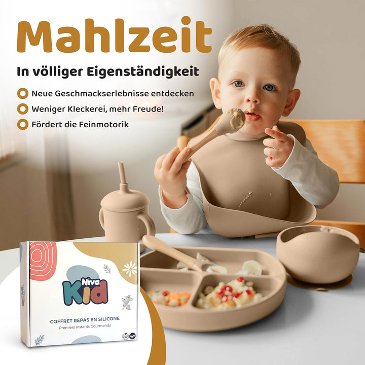 Baby Silikon Geschirr Set, Kindergeschirr Set mit BabyTeller mit Saugnapf, Geschirrset Baby für Beik