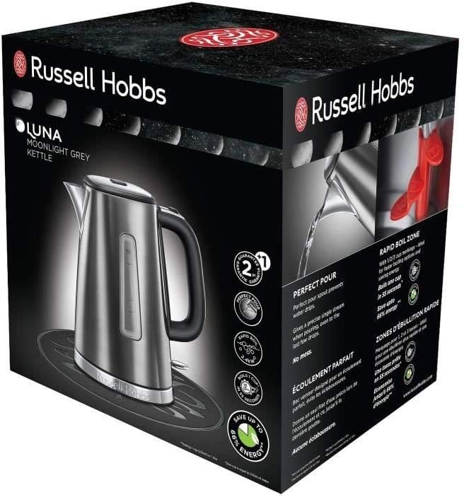 Russell Hobbs Wasserkocher [1,7l, 2400W] Luna Edelstahl Grau (Schnellkochfunktion, herausnehmbarer K