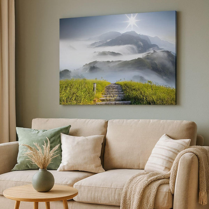 Bilder auf Leinwand 100x70cm Leinwandbild Berg Nebel Landschaft Morgen Gross Wanddeko Bild Schlafzim