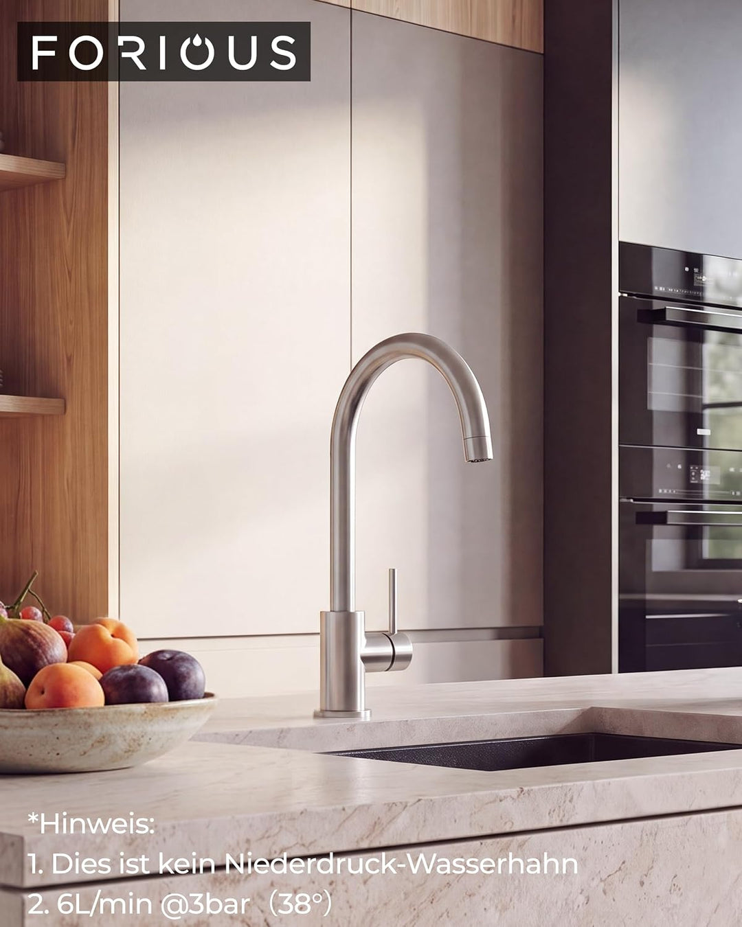 FORIOUS Küchenarmatur, Wasserhahn Küche Mischbatterie, 360° Schwenkbar, Heiss und Kaltwasserregelung