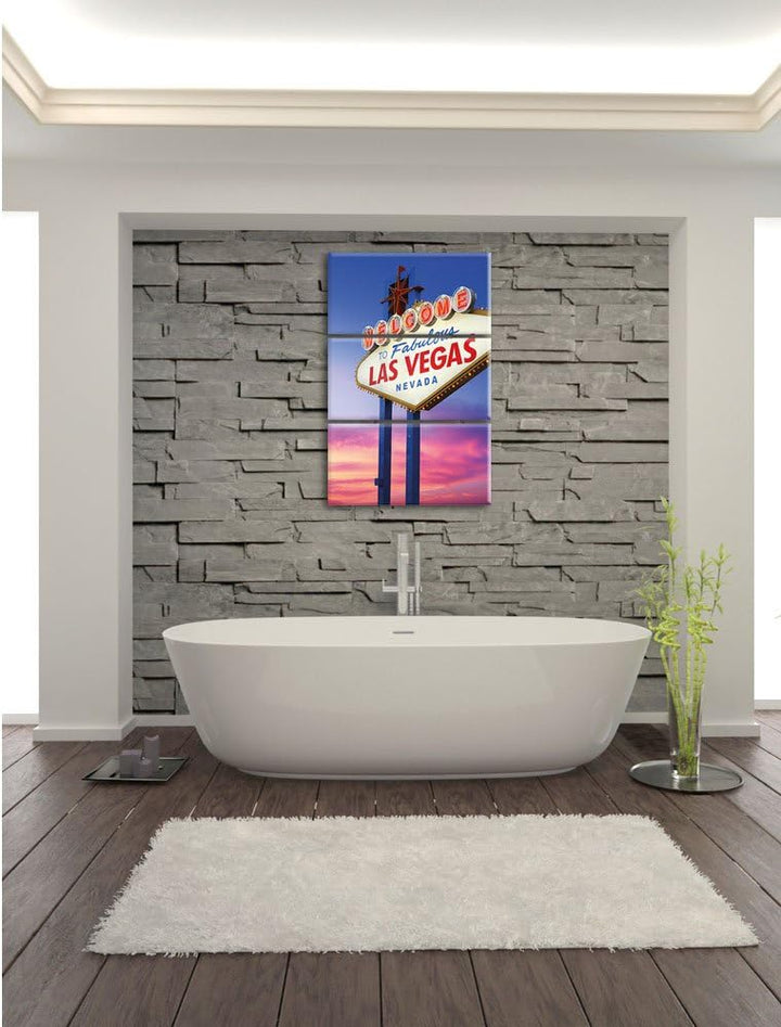 Pixxprint Las Vegas Schild in der Dämmerung als Leinwandbild | Grösse: 3 Teilig (120x80) | Wandbild|
