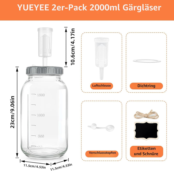 Fermentierglas 2 Stück 2L, Kimchi Behälter mit Luftschleuse, Perfekt für die Gärung für Kimchi, Saue