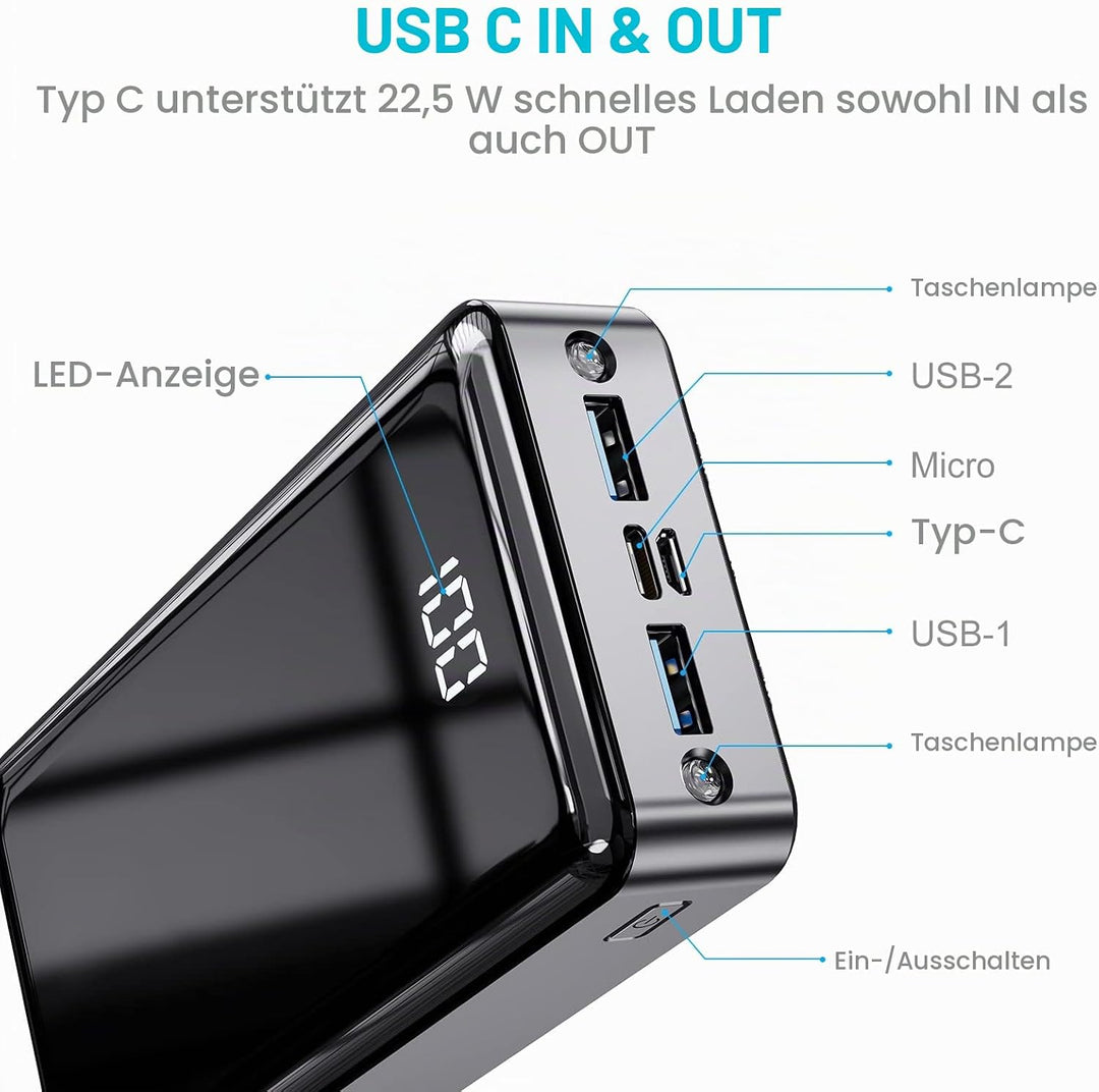 Power Bank 24000mAh,Powerbank klein Aber stark (USB C Output &amp; Input) 22,5W Externer Handyakkus mit