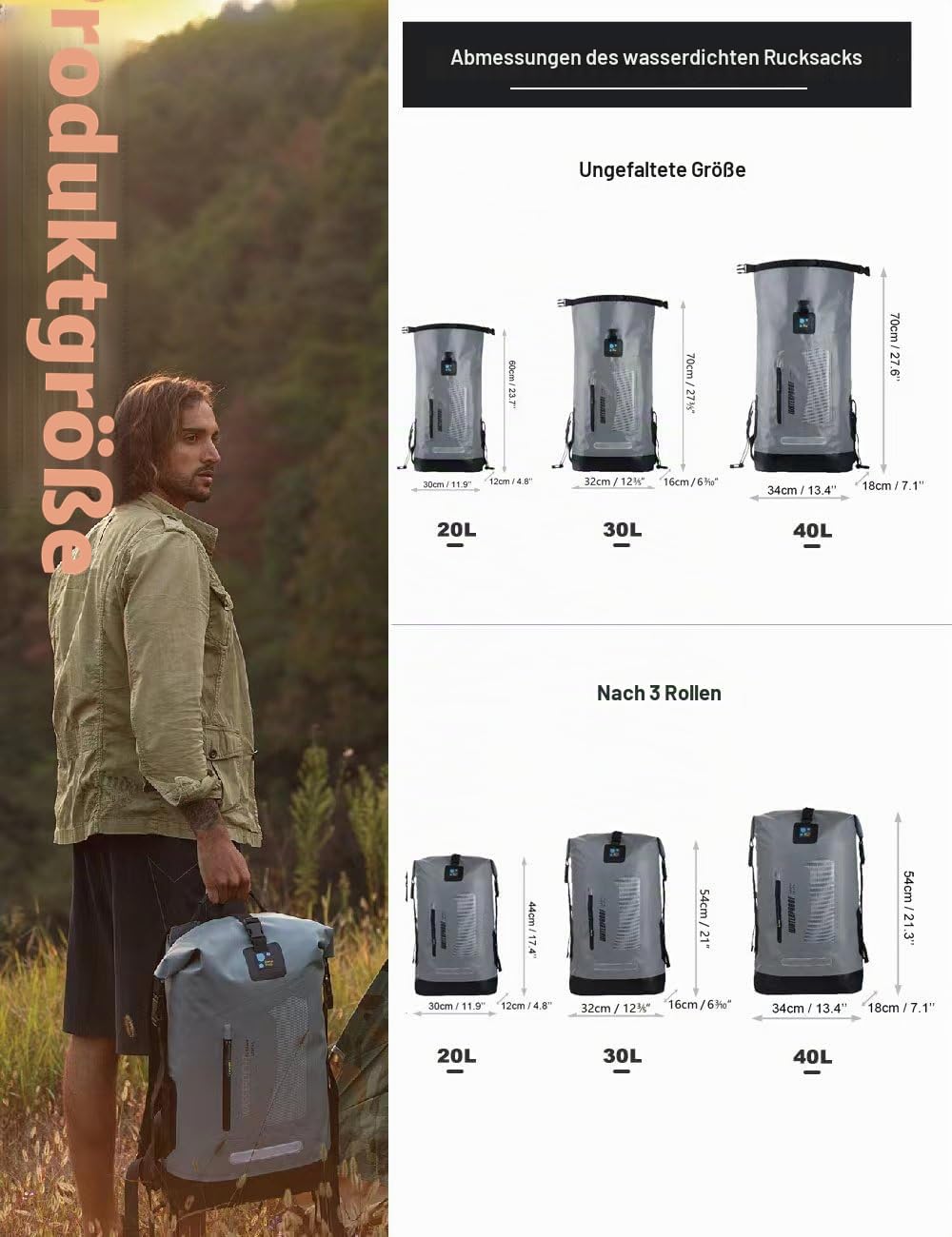 IDRYBAG Wasserdichter Rucksack Dry Bag 20L/30L/40L, schwimmender trockener Rucksack wasserdicht für