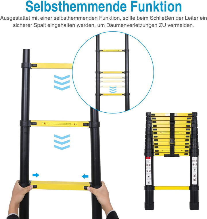 Joparri Aluminium Teleskopleiter mit Abnehmbarem Haken, 3.8M Ausziehbare Leiter, Rutschfester Alulei