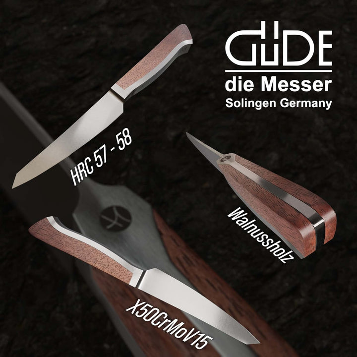 GÜDE Solingen - Steakmesser Glatt geschmiedet, 14 cm, Walnussholz, CAMINADA, Handmade Germany, Braun