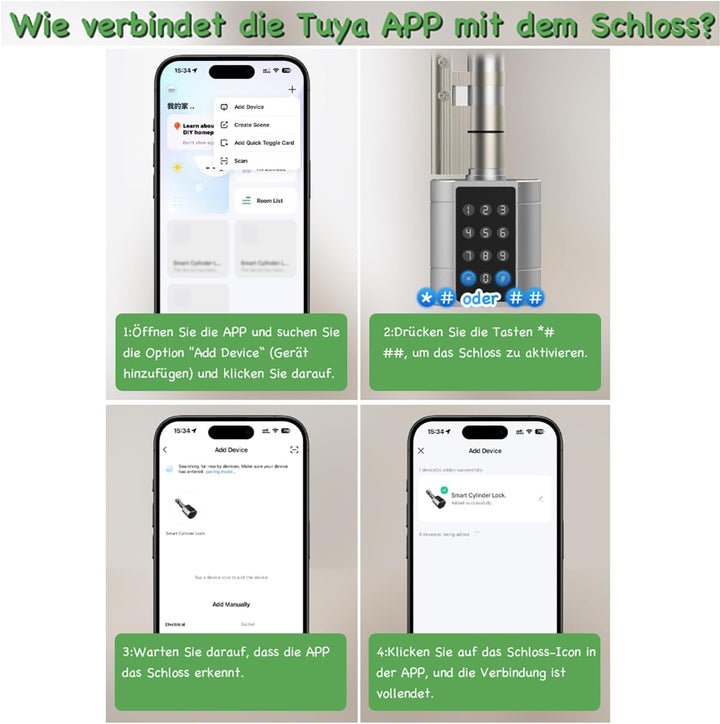 Elektronisches Türschloss 30/30 60mm to 45/45 90mm Umschaltbare Grösse mit Schlüssel Fingerabdruck T