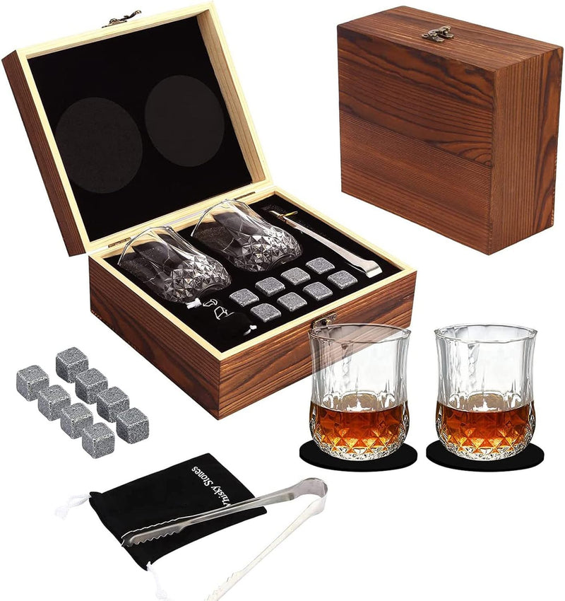 Whiskey Stones Geschenkset mit 2 Gläsern, handgefertigter Geschenkbox, 8 Granit-Whiskey-Rocks & Samt