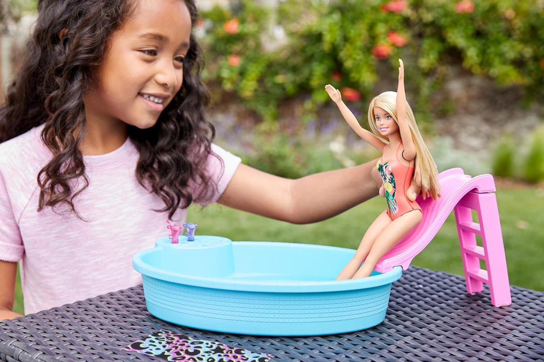 Barbie-Pool, 1x Puppe mit blonden Haaren, Pool und Rutsche, Accessoires, Geschenk für Kinder, Spielz