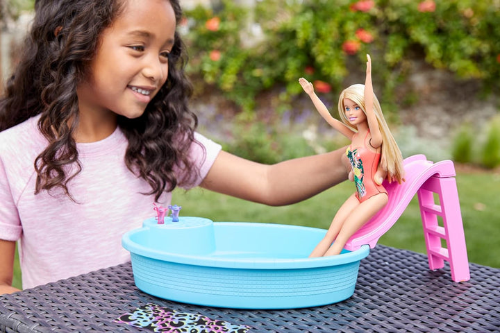 Barbie-Pool, 1x Puppe mit blonden Haaren, Pool und Rutsche, Accessoires, Geschenk für Kinder, Spielz