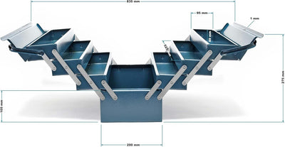 Wiltec Werkzeugkiste 530x200x250mm aus Stahl mit 7 Fächern, beständiger Werkzeugkasten mit Handgriff