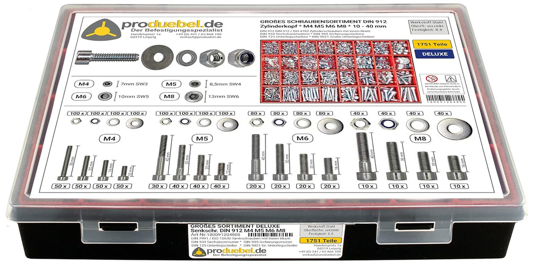 Grosses Schrauben-Sortiment DIN 912 Zylinderkopf M4/M5/M6/M8 Stahl verzinkt 8.8 (DIN912+934+985+125+