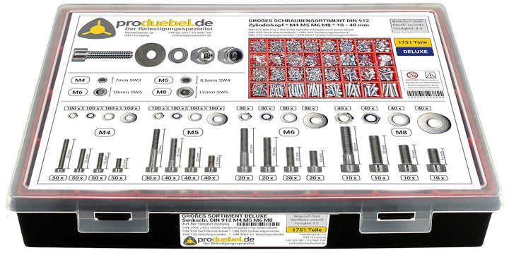 Grosses Schrauben-Sortiment DIN 912 Zylinderkopf M4/M5/M6/M8 Stahl verzinkt 8.8 (DIN912+934+985+125+