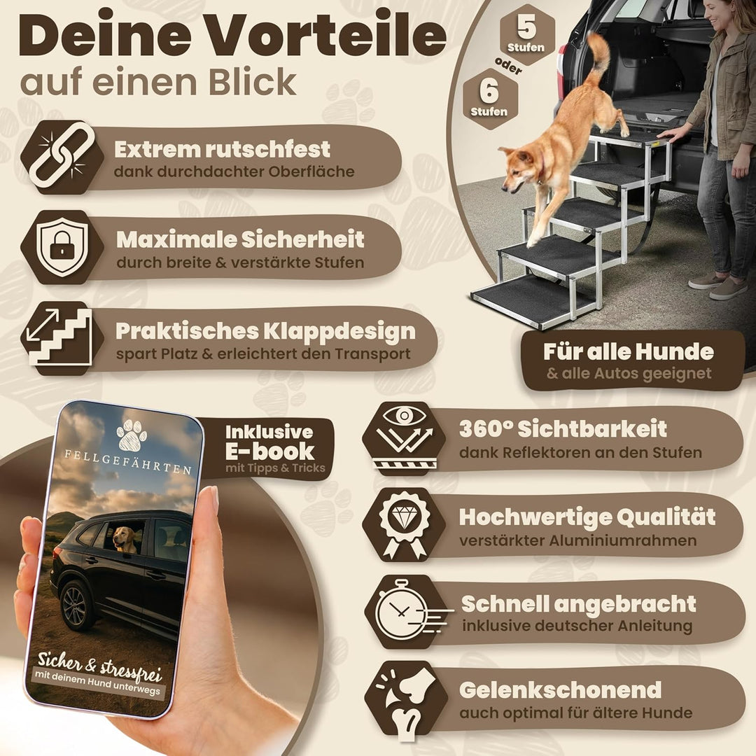 Fellgefährten Hundetreppe Auto klappbar – stabile, rutschfeste Einstiegshilfe für grosse Hunde mit R