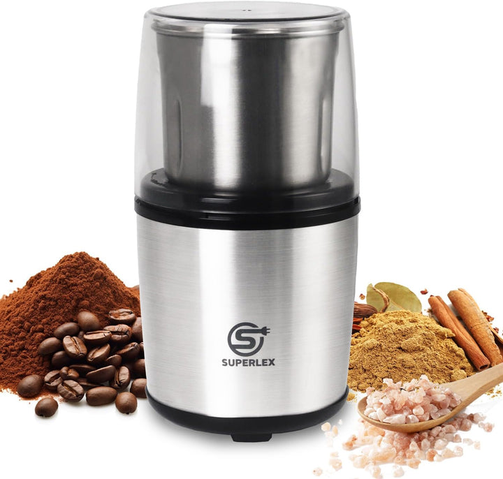 SUPERLEX Kaffeemühle elektrisch mit 100g Füllmenge, 200 Watt Edelstahl Gewürzmühle Abnehmbare Edelst