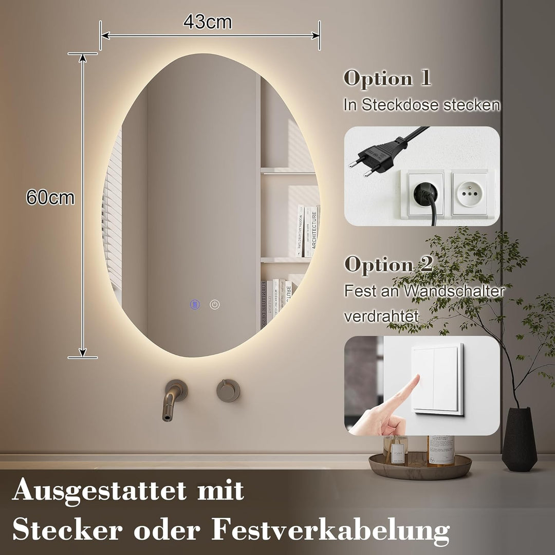 Badspiegel mit Beleuchtung, Badezimmerspiegel Asymmetrisch 43 x 60 cm, LED Spiegel Bad, mit 3 Lichtf