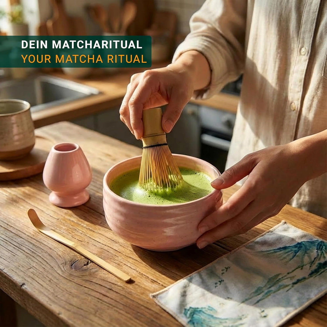 Matchaya Matcha Set 7-teilig Rosa – Keramik Chawan 460ml, Bambus Chasen & Halter, Chashaku, Ablage,