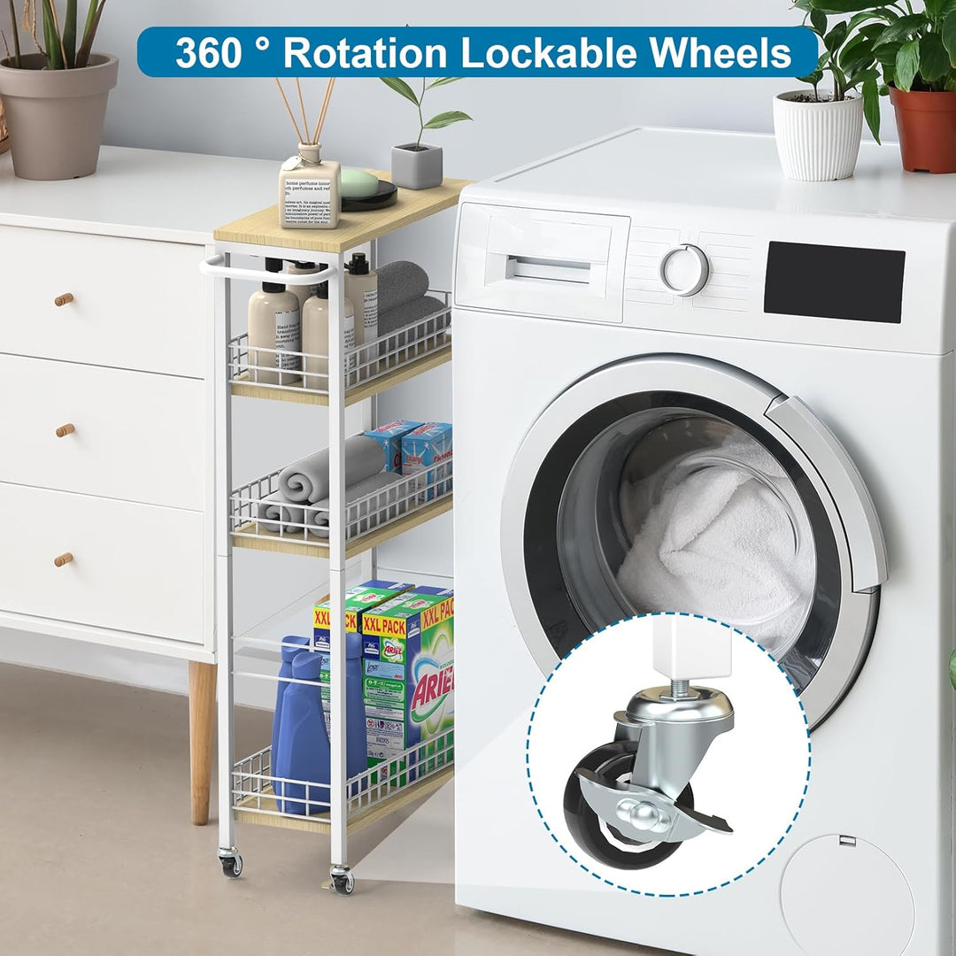 CADUKE 4 Tier schlanker Lagerwagen, schmaler Küchenwagen auf Rädern, Utility Rolling Cart mit Holzti