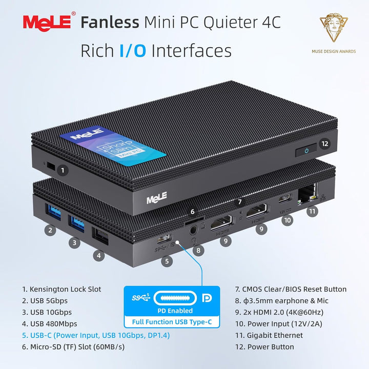 MeLE Quieter4C Lüfterloser Mini PC 12th Gen Alder Lake N100 (bis zu 3.4GHz, 4C/4T) 8GB LPDDR4x 256GB