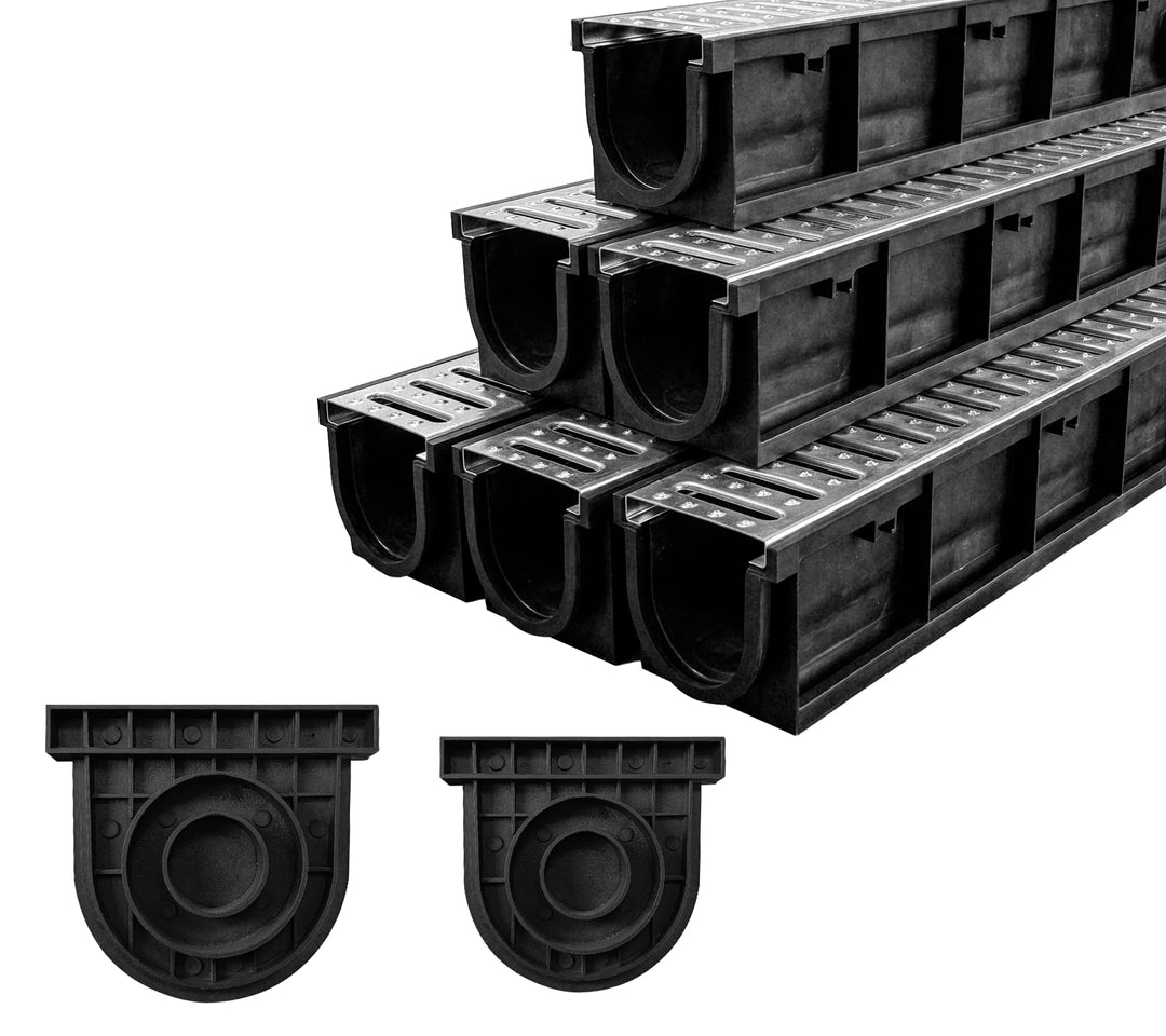 6m Set Entwässerungsrinne mit Abdeckrost aus Stahl Verzinkt - Aussenmass 1000 x 155 x 140 mm - Boden