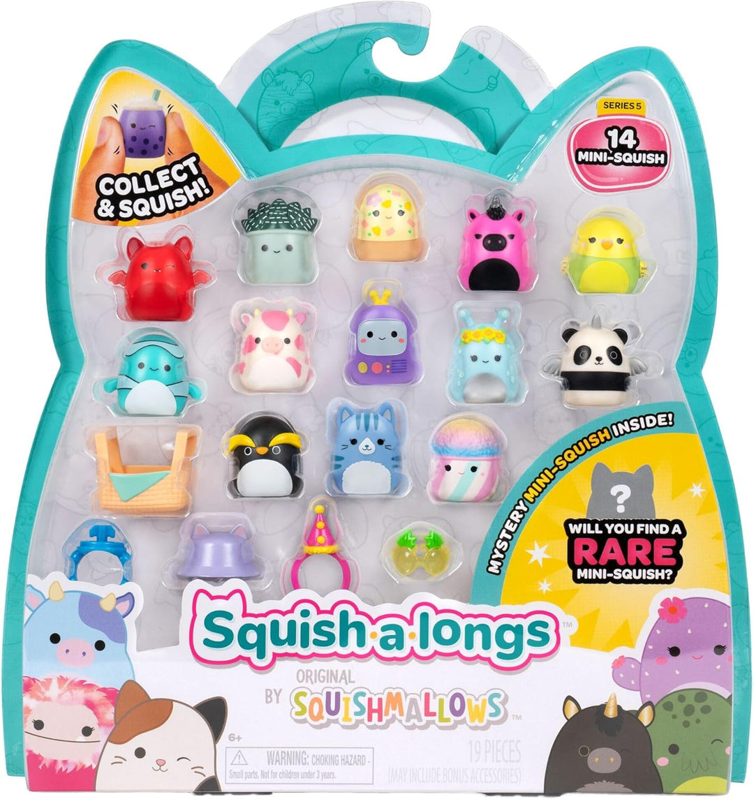 Squish-a-longs SQAL0267-14er Pack, enthält 14x 2,5 cm Mini-Squish mit 4X Accessoires, 1x Ring und 1x
