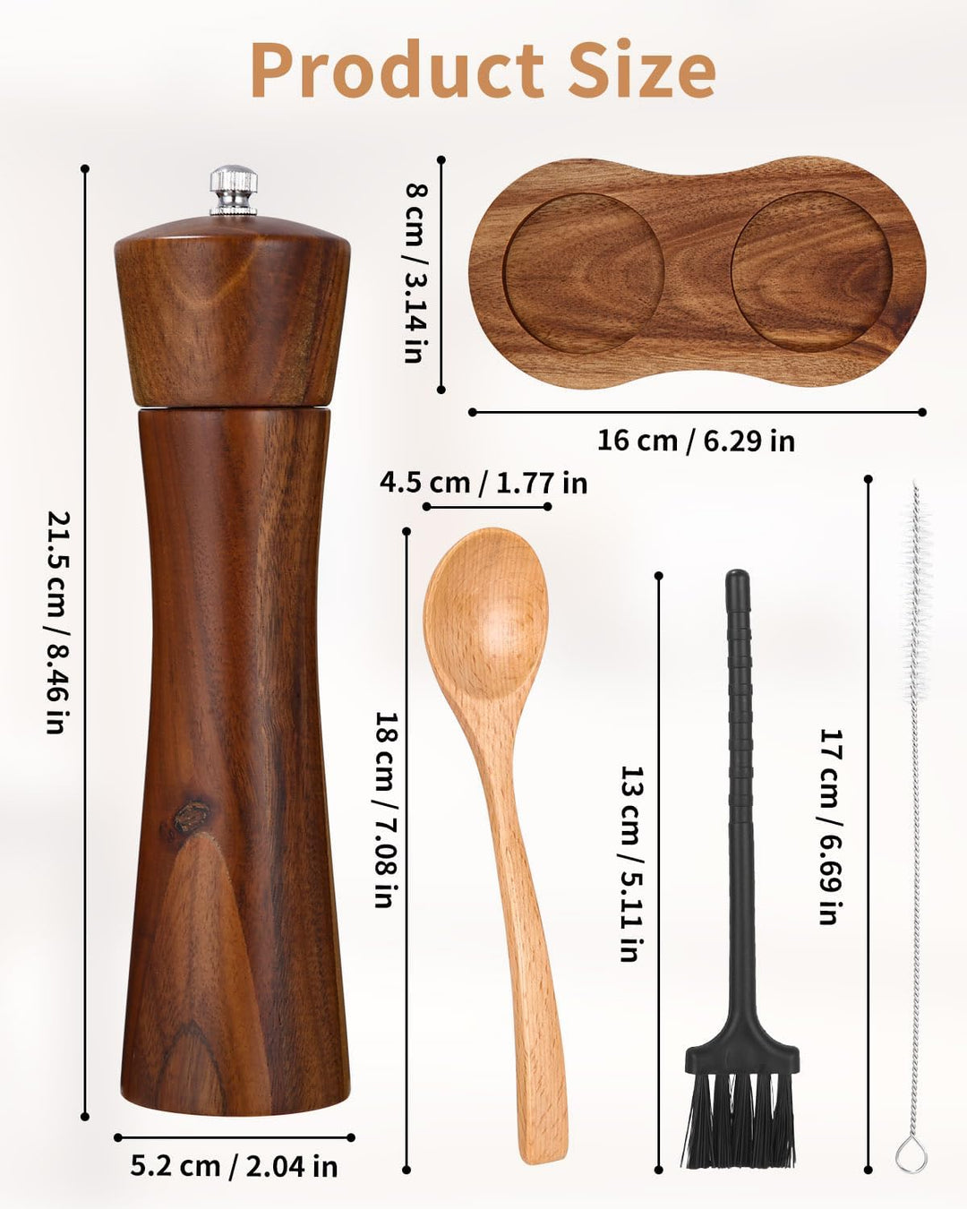 Salz und Pfeffermühle Holz 2er Set, Gewürzmühle mit Keramikmahlwerk, Salz und Pfefferstreuer mit unt