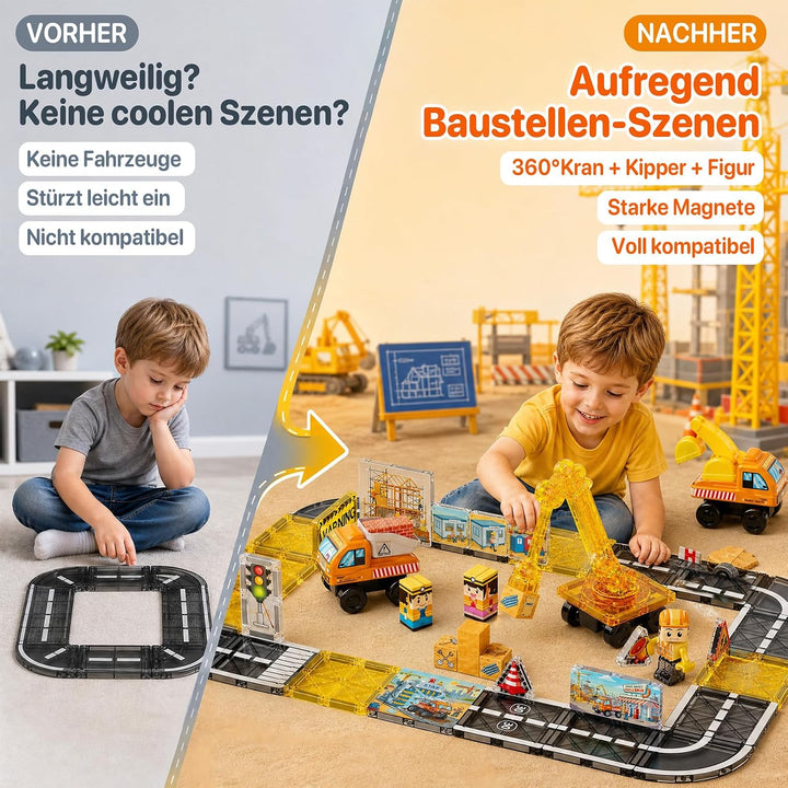burgkidz Magnetische Bausteine Strassenset 47tlg: Baustelle für Jungen ab 3