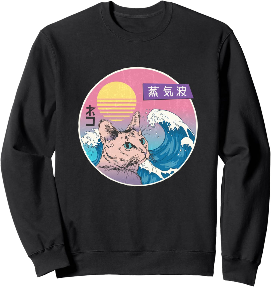 Japanese Vaporwave anime cat ocean wave Sweatshirt