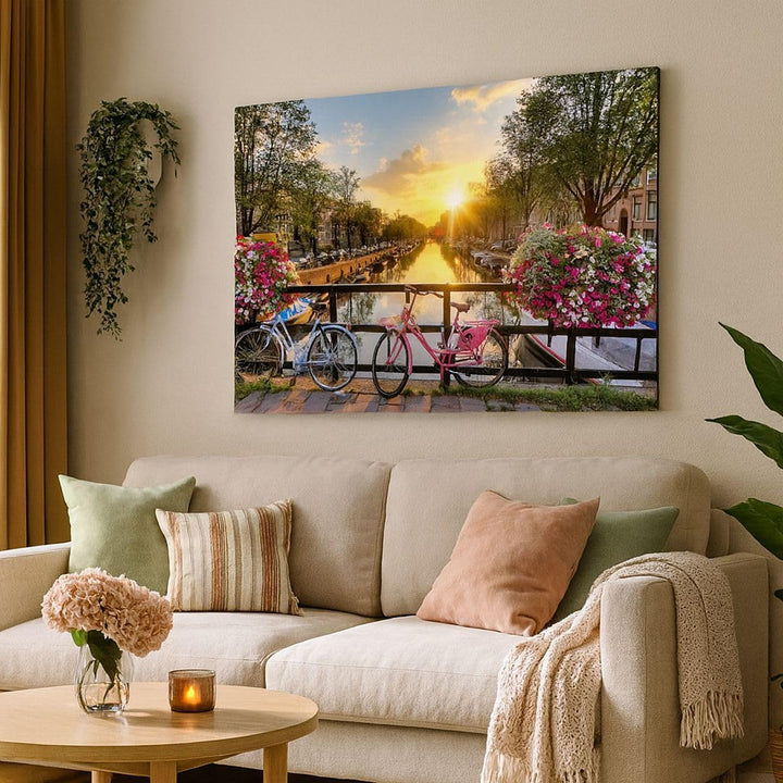 Bilder auf Leinwand 100x70cm Leinwandbild Bikes Kanal Amsterdam Architektur Gross Wanddeko Bild Schl