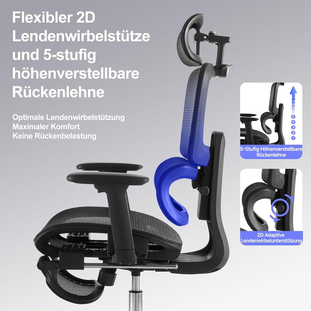 Ergonomischer Bürostuhl mit Fussstütze &amp; Nackenkissen, 5-Fach Höhenverstellbare Rückenlehne, 2D Lord