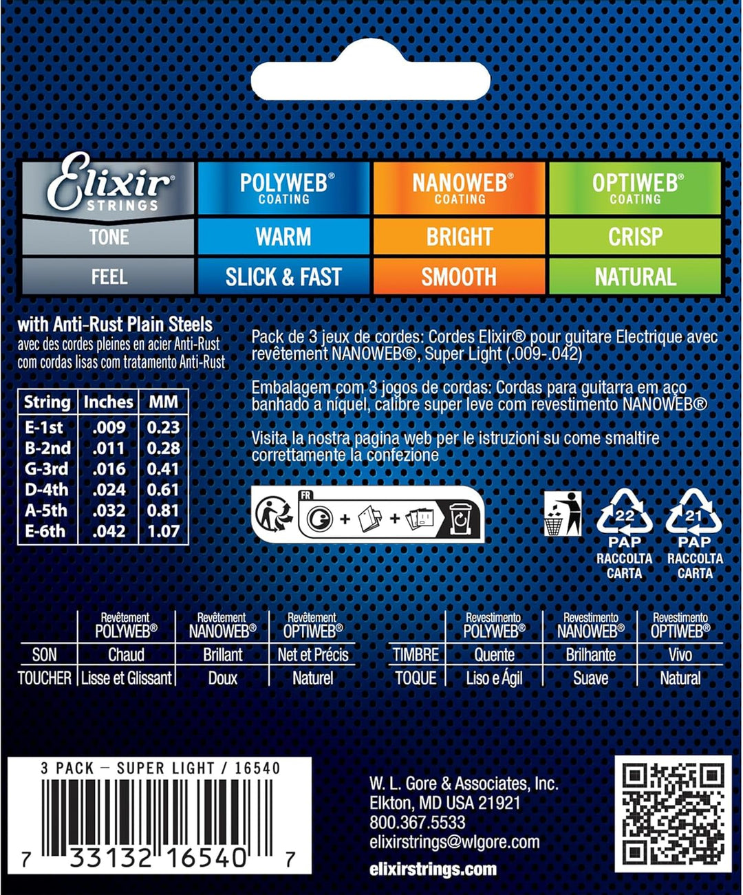 Elixir 16540 Electric 009/042, 3 Sets in einer Verpackung Super Light (9-52) 3 Pack, Super Light (9-