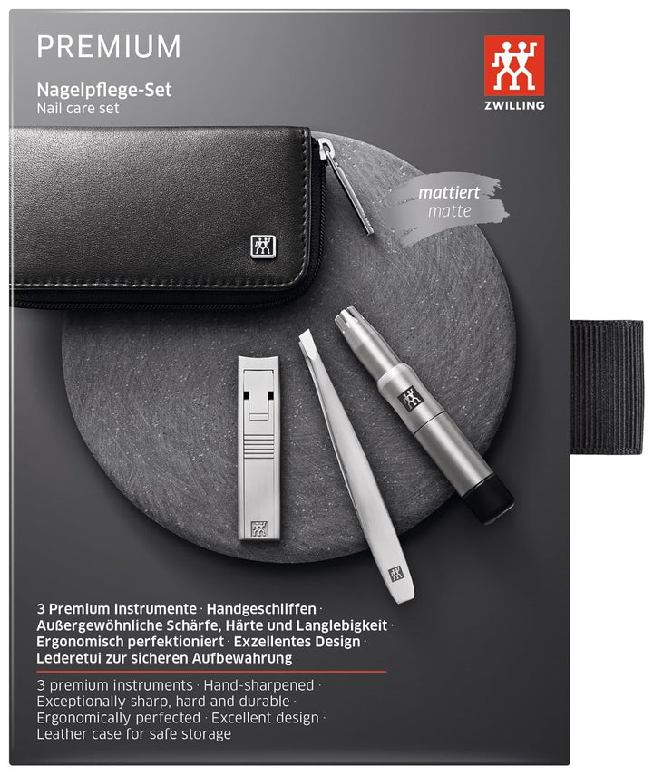 ZWILLING Maniküreset 3-teilig Nagelpflegeset aus Rindleder mit Reissverschluss, Premium, Schwarz