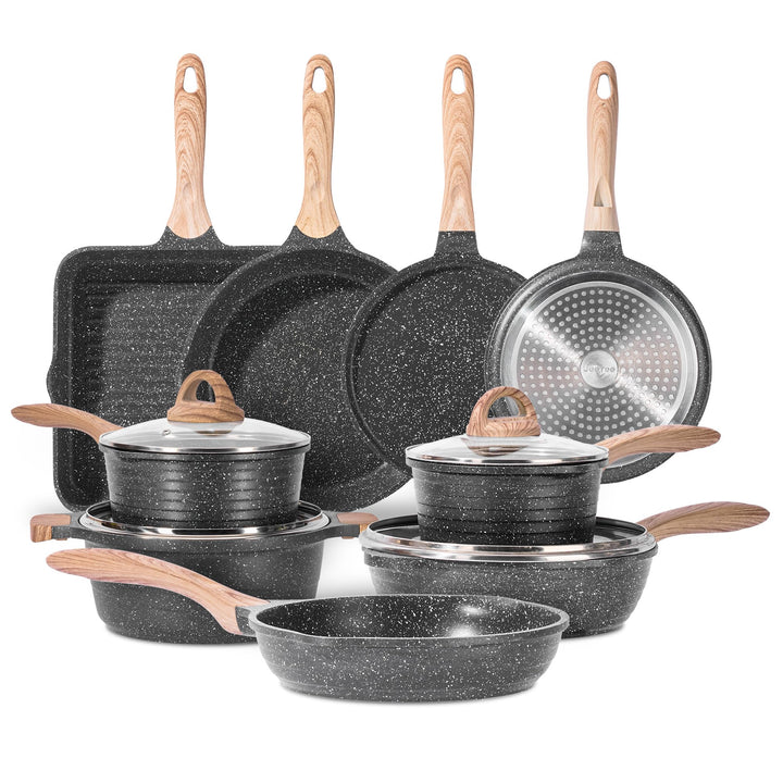 JEETEE Topfsets Pfannenset 23-Teilig, Antihaft-Granit Topf und Pfannenset mit Glasdeckeln, Topfset I
