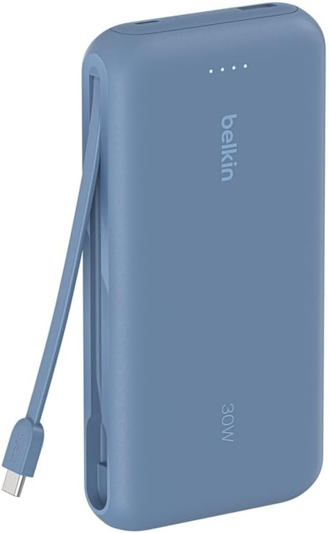 Belkin Portable Powerbank zum Schnellladen mit integriertem Kabel 20K PD 30 W, USB-C Power Delivery,