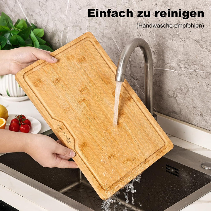 Bambus Schneidebrett Set 3-teilig mit Halter – Grosse Küchenbretter aus Bambus (40x28 / 36x24 / 30x2