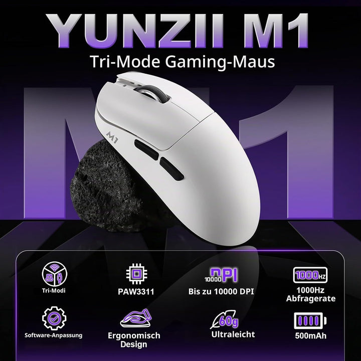 YUNZII M1 Kabellose Gaming-Maus, BT/2.4G Wireless/Wired Ultralight Mouse, PAW3311-Sensor 10000 DPI,