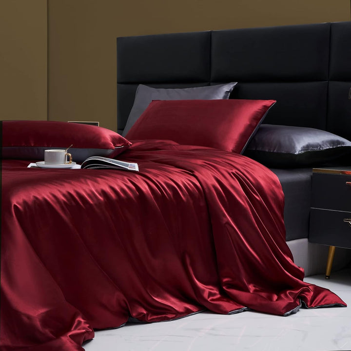 Satin Bettwäsche 155x220 Rot Weinrot Dunkelgrau Wendebettwäsche Uni Uni Modern Elegant Bettbezug Set
