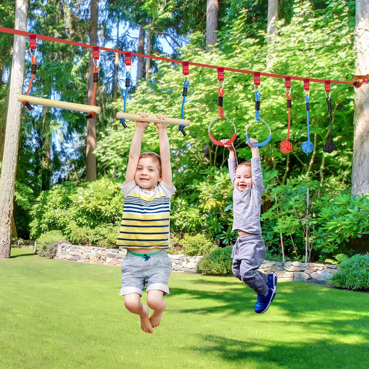 Outsunny Ninja Line Kinder 10m Slackline Set mit Hindernissen, Klettergerüst, Turnringe, Baumschutz,